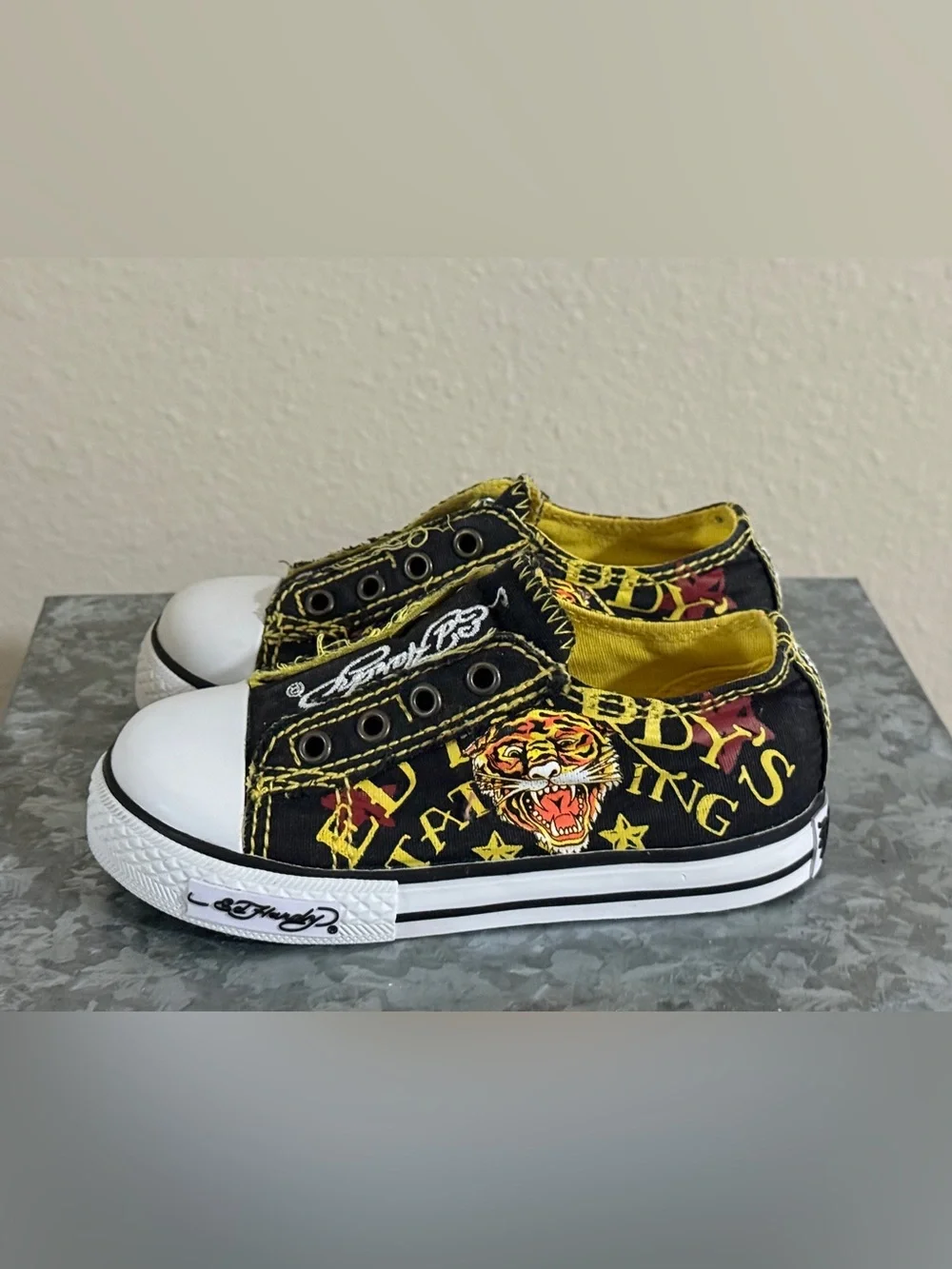 Ed Hardy Kids Black and Yellow Tattoo Graphic Slip-On Sneakers, Toddler Size 8